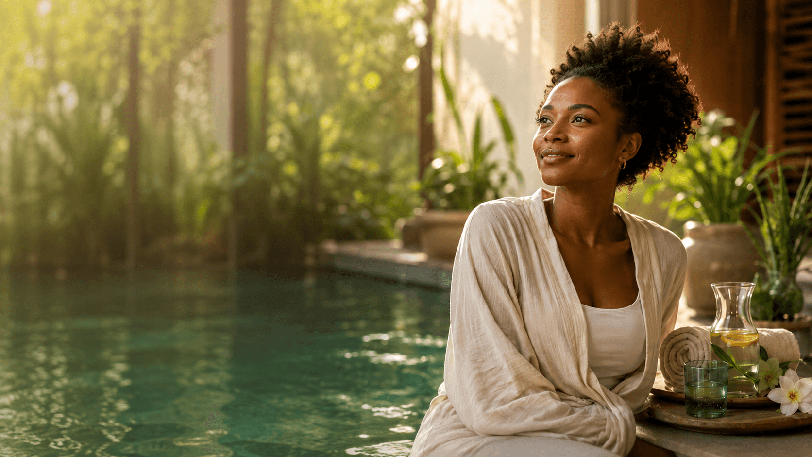 A calm, confident wellness client relaxing in a serene poolside spa setting at Bant Colon Hydrotherapy