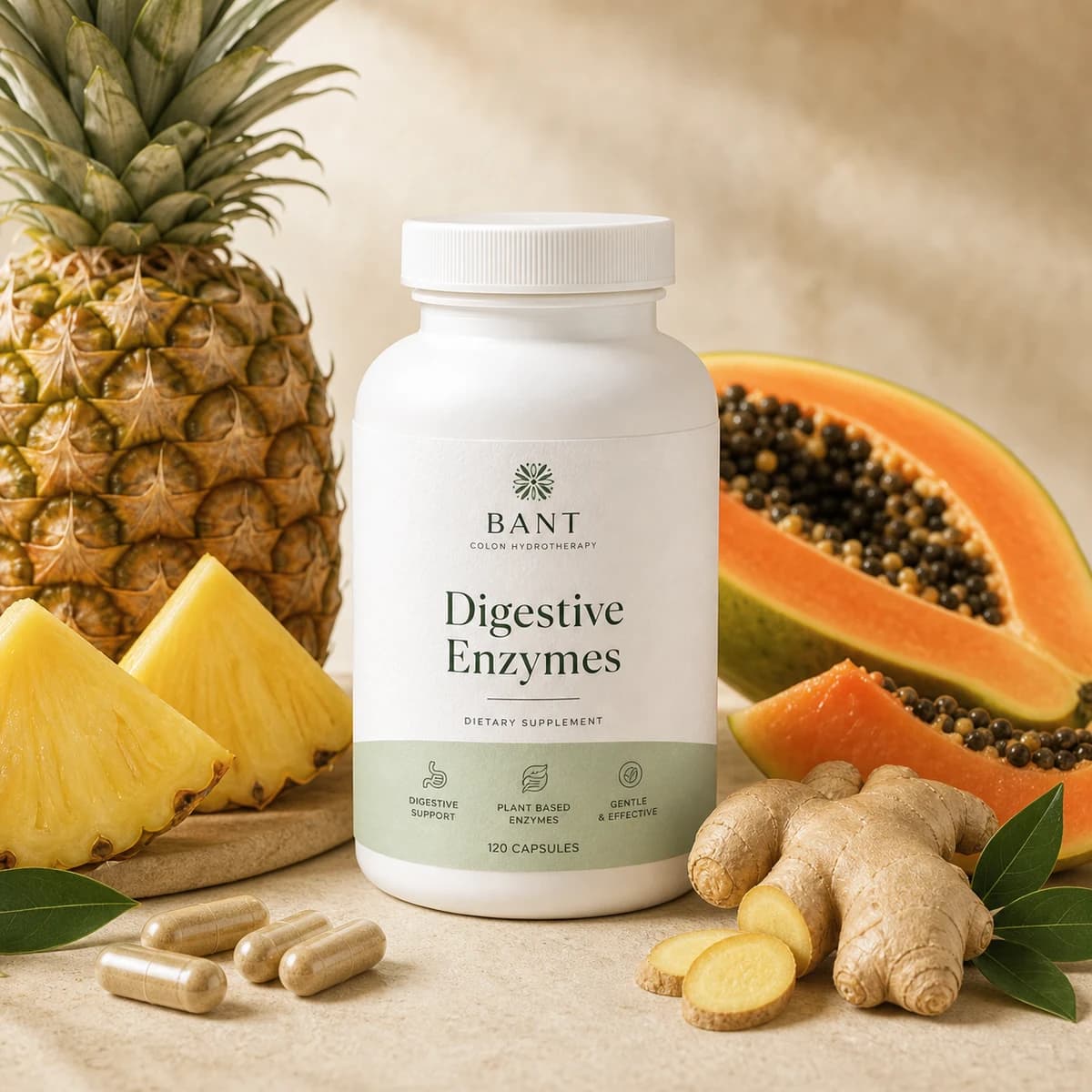 Bant Digestive Enzymes supplement bottle styled with pineapple, papaya, and ginger.